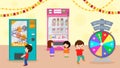 Happy kids in children entertaining amusement fun game center vector illustration. Vending machines selling toys balls Royalty Free Stock Photo