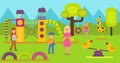 Happy kids on children playground vector illustration. Teen boy and girl with mothers or teacher walking and playing on