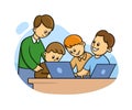 Happy kids in classroom studying computers, IT science. Teacher explaining lesson to the students. Flat style vector