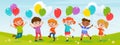 Happy kids with colorful balloons in their hands playing celebrating a birthday Royalty Free Stock Photo