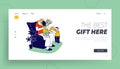 Happy Kids Congratulating Mother Landing Page Template. Children Characters Giving Gift Box and Flower Bouquet to Mom