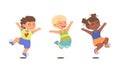 Happy kids dancing and jumping set. Energetic little children having fun cartoon vector illustration