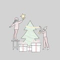 happy kids decorating the christmas tree, winter activities, pencil drawn style sketch, vector illustration