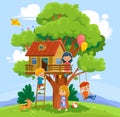 Happy kids with a dog are having fun in a tree house in the summer illustration Royalty Free Stock Photo