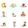 Happy kids dreaming and fantasizing. Cartoon detailed colorful Illustrations