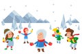 Happy kids enjoy import fruits in cold region, icons vector illustration. Boys and girls character in warm clothes