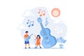 Happy kids enjoy singing and playing the guitar at summer camp, tiny people. Musical camp, young music talents, music and song Royalty Free Stock Photo
