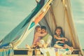 Happy kids family. Summer camping. Backyard party. Children adaptation.