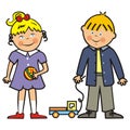Happy kids, girl, boy and toys, vector icon Royalty Free Stock Photo