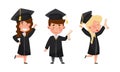 Happy kids graduate students in graduation robe and cap celebrating the end of their study vector illustration