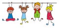 Happy kids, hanging girls and boys, funny vector illustration