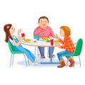 Happy kids having breakfast by themselves. Two girls and boy eating morning meals at table. Child nutrition concept Royalty Free Stock Photo