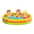 Happy kids having fun in inflatable swimming pool, colorful characters vector Illustration