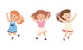 Happy kids having fun. Joyful girls playing together and happily jumping cartoon vector illustration
