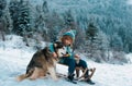 Happy kids having fun and riding the sledge in the winter snowy forest, enjoy winter season. Kids hug embrace dog husky. Royalty Free Stock Photo
