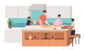 Happy kids help mother to cook pizza at home kitchen: mom with 3 children preparing dinner Royalty Free Stock Photo