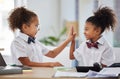 Happy kids, high five and hands of students with teamwork from business celebration at play office. Girl friends Royalty Free Stock Photo