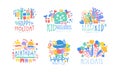 Happy Kids Holday Labels Design Collection, Happy Birthday Colorful Hand Drawn Templates Vector Illustration