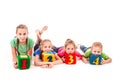 Happy kids holding blocks with numbers over white background Royalty Free Stock Photo