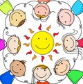 Happy kids holding hands in a circle around the sun Royalty Free Stock Photo