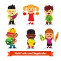 Happy kids holding smiling fruits and vegetables