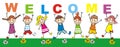 Happy kids with inscription welcome, vector illustration