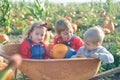 Happy kids sitting inside wheelbarrow at field pumpkin patch Royalty Free Stock Photo