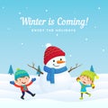 Happy kids jump and enjoy playing with big cute dressed snowman in winter season vector background illustration