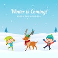 Happy kids jump and enjoy playing with cute dressed reindeer in winter season vector background illustration. Holiday greeting