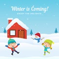 Happy kids jump play snow with cute snowman at front of snowy house in winter season background vector illustration. Holiday