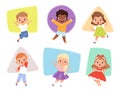 Happy kids jumping. Action childrens in different poses sitting playing joyful running cute male and female characters