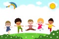 Happy kids jumping and dancing together on the park, Multicultural little children playing in playground Template