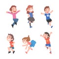 Happy Kids Jumping with Joy and Excitement Rejoicing and Cheering Vector Set