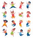 Happy kids jumping and laughing. Cheerful school girls and boys having fun, smiling. Joyful pre teen children jump