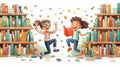 Happy kids jumping near bookshelf in library with books. Iillustration