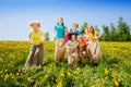 Happy kids jumping in sacks playing together