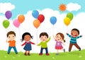 Happy kids jumping together and holding balloons Royalty Free Stock Photo