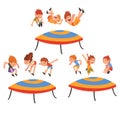 Happy Kids Jumping on Trampoline Set, Smiling Little Boys and Girls Trampolining and Having Fun on Trampoline Cartoon