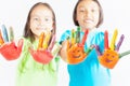 Happy kids with painted hands. International Children's Day Royalty Free Stock Photo