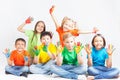 Happy kids with painted hands smiling Royalty Free Stock Photo