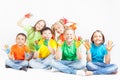 Happy kids with painted hands smiling Royalty Free Stock Photo