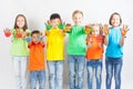 Happy kids with painted hands smiling Royalty Free Stock Photo