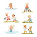 Happy kids performing summer outdoor activities set. Cute boys and girls swimming, riding bike, playing ball cartoon Royalty Free Stock Photo