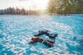 Happy kids play in winter nature. Little girls making snow angel. Royalty Free Stock Photo