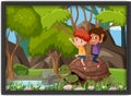 Happy kids playing with big turtle photo in a frame Royalty Free Stock Photo