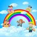 Happy kids playing cardboard plane with sky scenery background