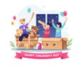 Happy kids playing with cardboard and toys on world children`s day vector illustration Royalty Free Stock Photo