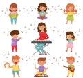 Happy Kids Playing Different Musical Instruments Vector Illustrations Set Royalty Free Stock Photo