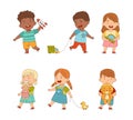 Happy Kids Playing Different Toys in the Nursery or Playroom Vector Set Royalty Free Stock Photo