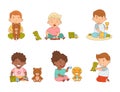 Happy Kids Playing Different Toys in the Nursery or Playroom Vector Set Royalty Free Stock Photo